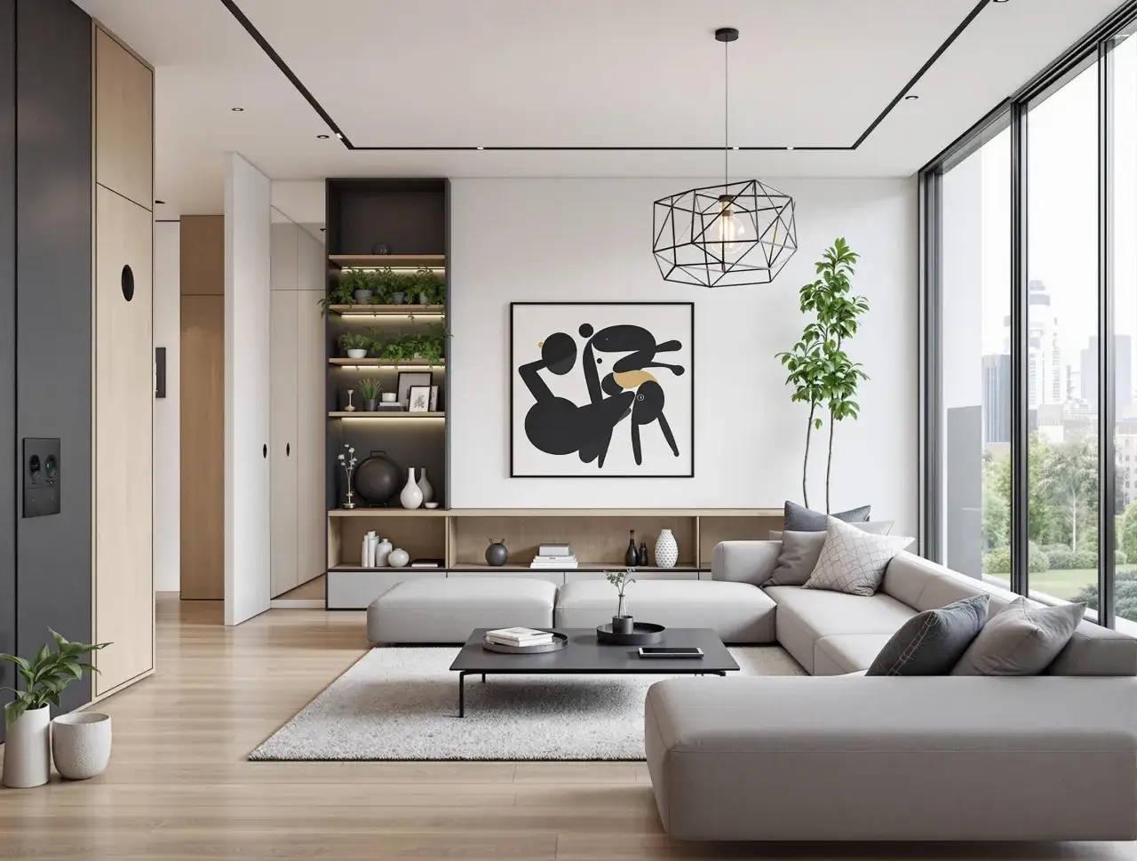 Nowoczesne wnetrza domu: przestronny salon z szarą sofą, czarnym stolikiem i regałem z roślinami. Duże okno z widokiem na miasto.