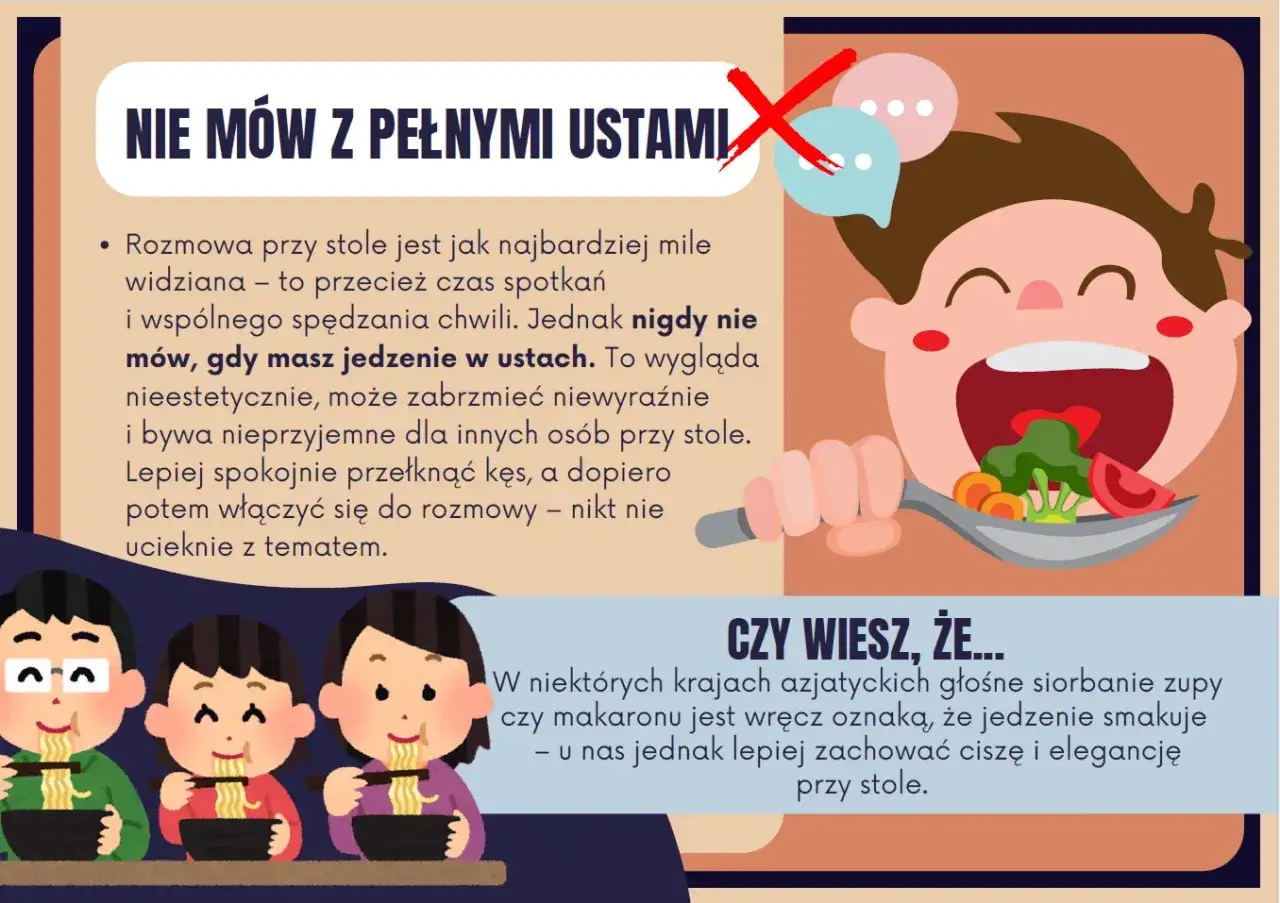 Jedna z 10 zasad savoir-vivre: nie m&oacute;w z pełnymi ustami. Ilustracja pokazuje dziecko jedzące łyżką warzywa.