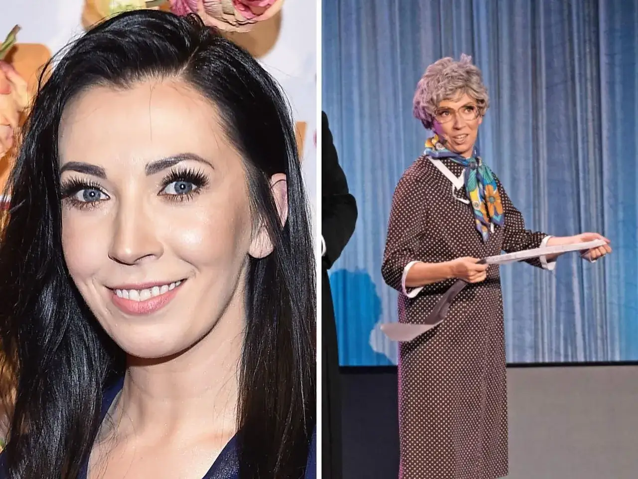 Krystyna z Kabaretu Nowaki w stroju babci, z siwą peruką i w grochy.