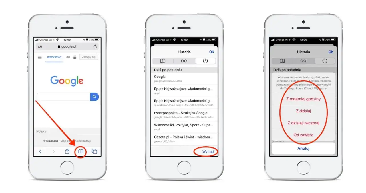 iPhone ustawienia Safari wymaż historię