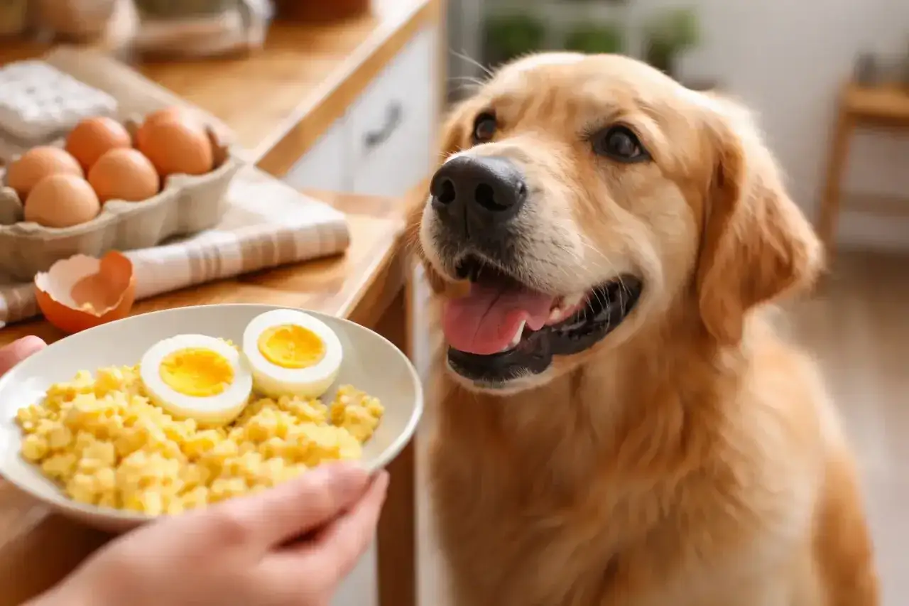 Złoty retriever z zaciekawieniem patrzy na talerz jajecznicy i jajka na twardo. Czy pies może jeść jajko? Tak, w umiarkowanych ilościach.