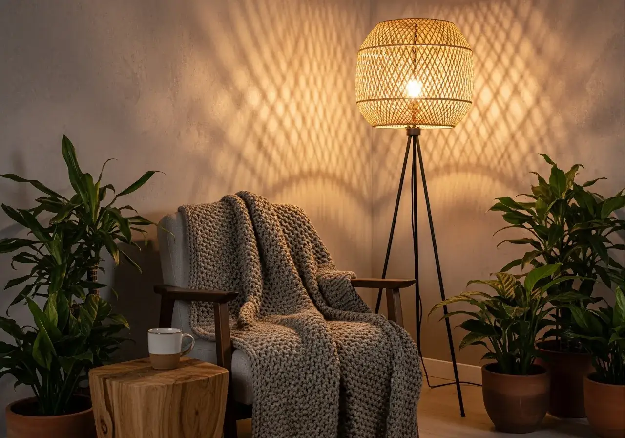 Przytulny kącik z fotelem, kocem i kubkiem. W tle ciepłe światło rzuca pleciona lampa podłogowa boho, tworząc na ścianie ciekawy wzór.