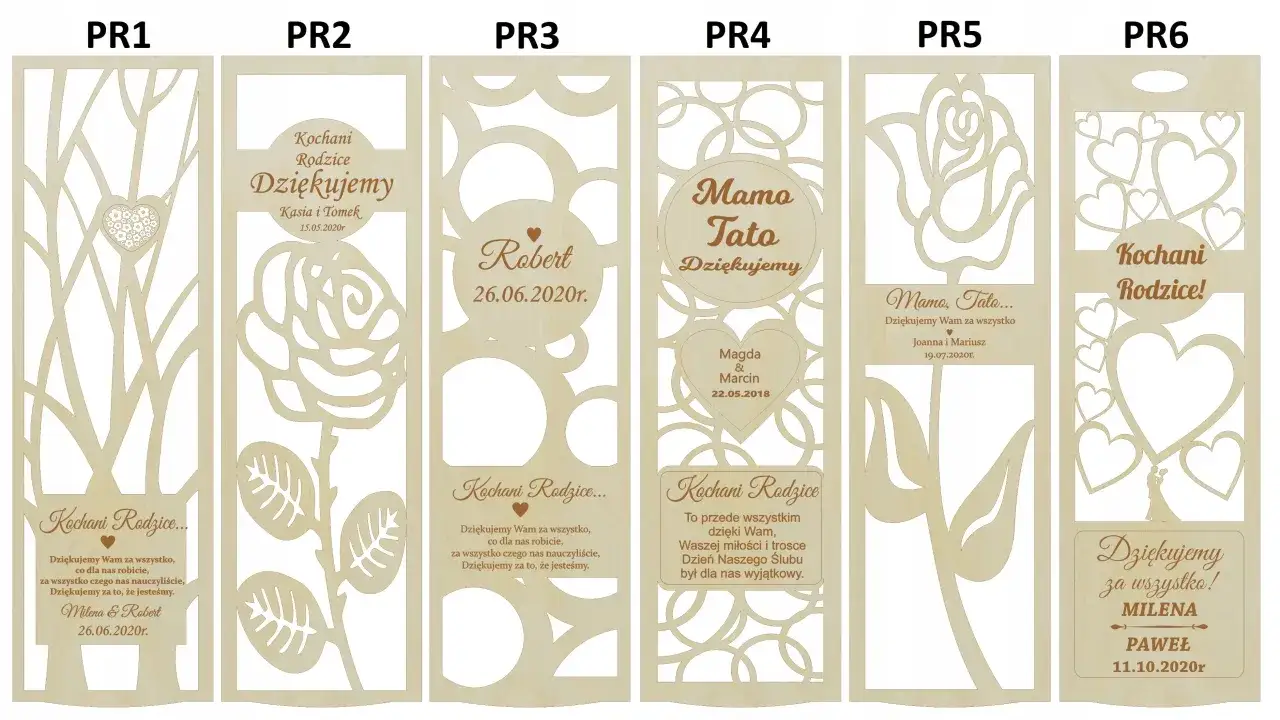 Drewniana skrzynka zamykana z wyciętymi wzorami kwiatów i serc, z personalizowanymi podziękowaniami dla rodziców i bliskich.