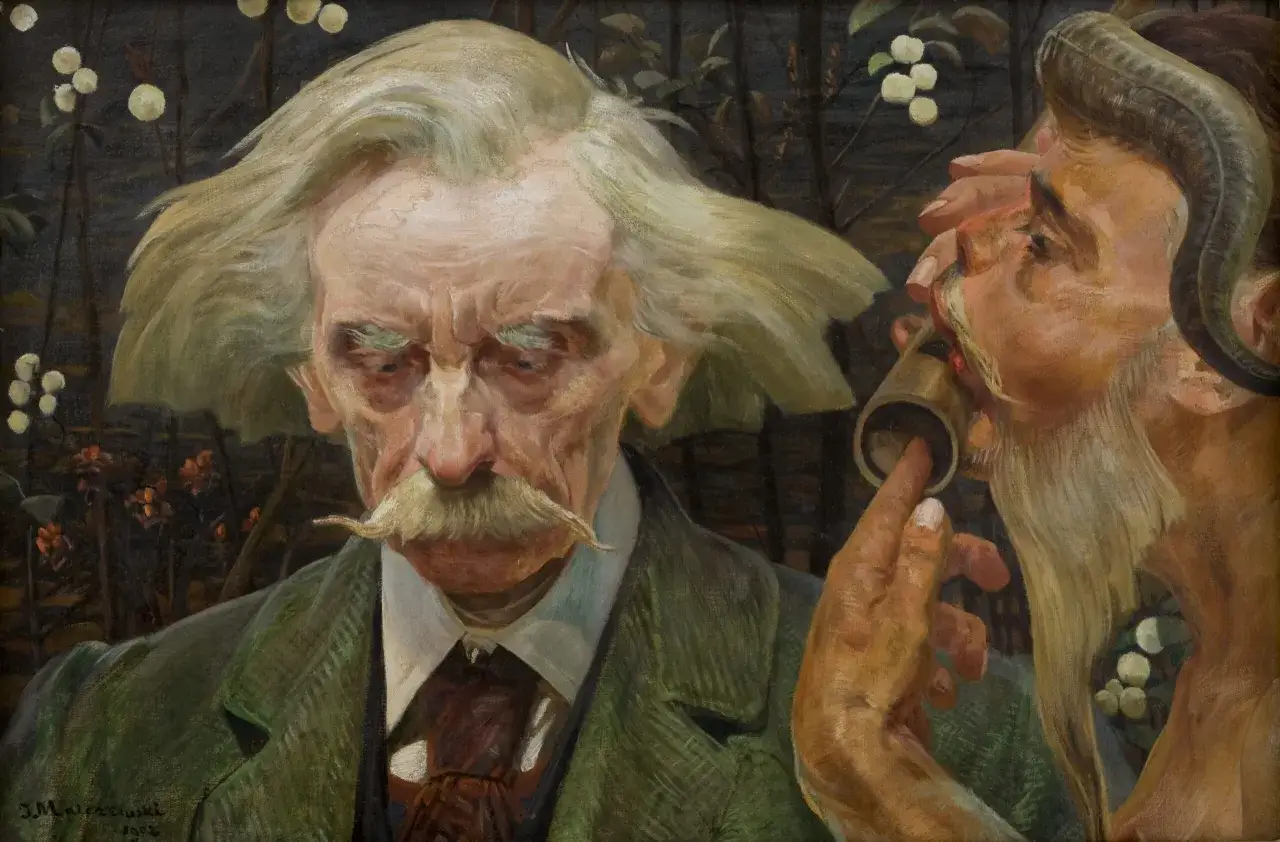 Portret mężczyzny z wąsami i faunem, gdzie symbolizm cechy malarstwa podkreśla tajemniczą relację między nimi.