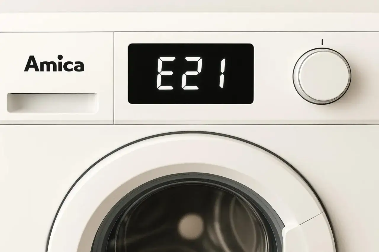 Panel sterowania pralki Amica z wyświetlaczem pokazującym błąd E21.