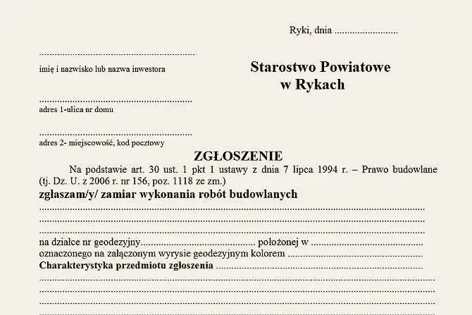 zgłoszenie rob&oacute;t budowlanych wz&oacute;r