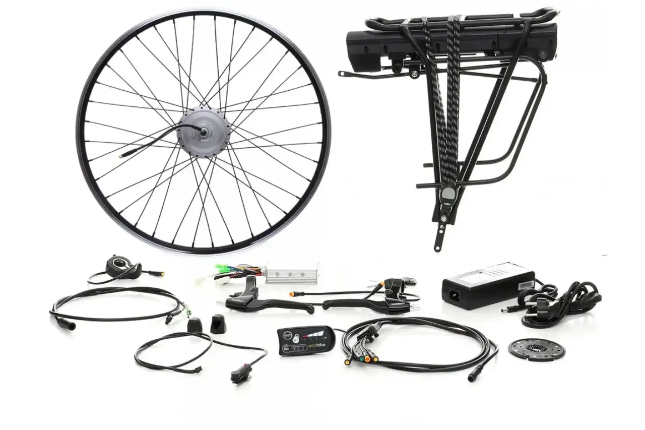 Zestaw do konwersji roweru 5000w: koło z silnikiem, bateria, kontroler, manetki, hamulce i okablowanie.