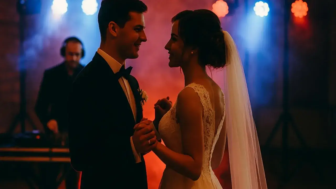 Para tańczy przy najpiękniejsze piosenki weselne, w tle DJ i kolorowe światła.
