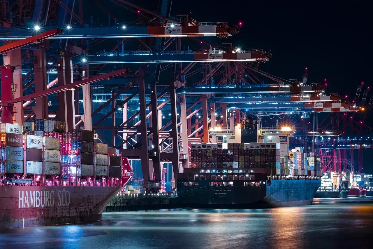 Nocny port kontenerowy z dźwigami i statkami. Widoczny napis 