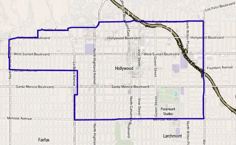 map of Hollywood district within Los Angeles