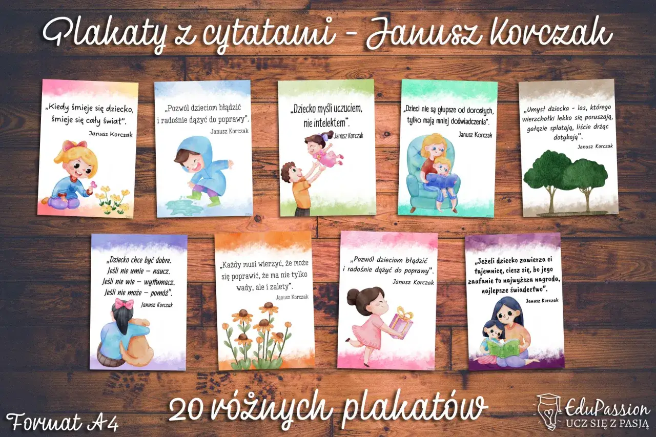Plakaty z cytatami Janusza Korczaka. Wzruszające korczak cytaty, kiedy śmieje się dziecko, inspirują do rozwoju.