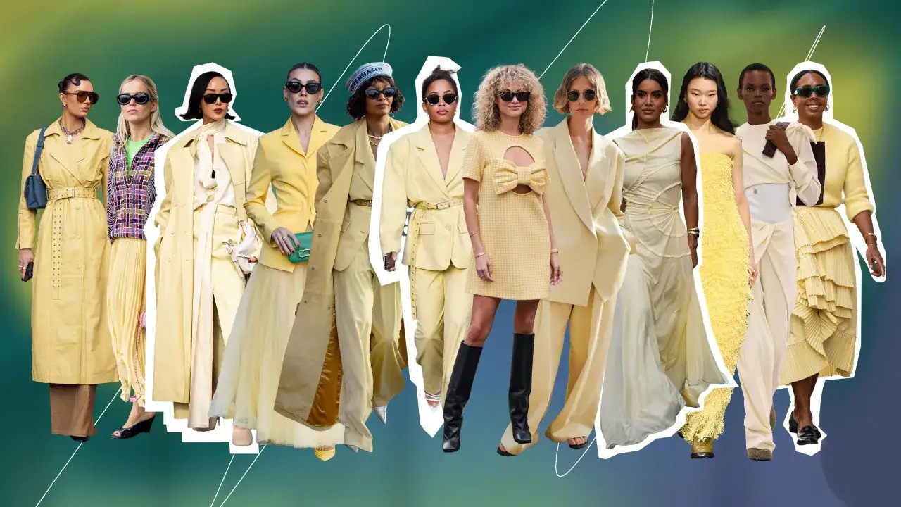 Kobiety w stylizacjach w odcieniach żółtego, od pastelowych po intensywne. Modny kolor króluje na płaszczach, sukienkach i garniturach.
