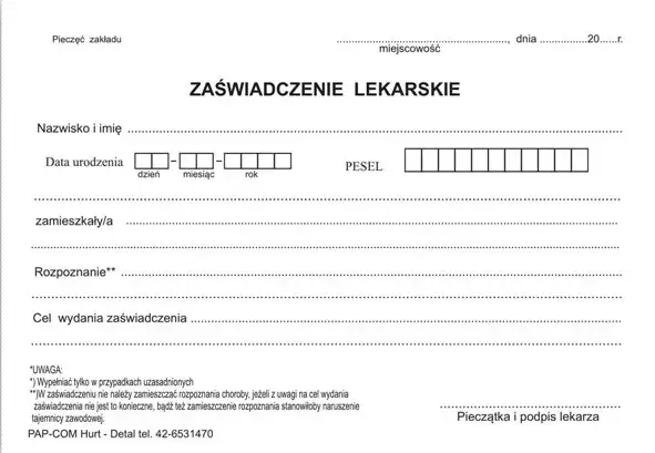Dokumenty medyczne zaświadczenie lekarskie