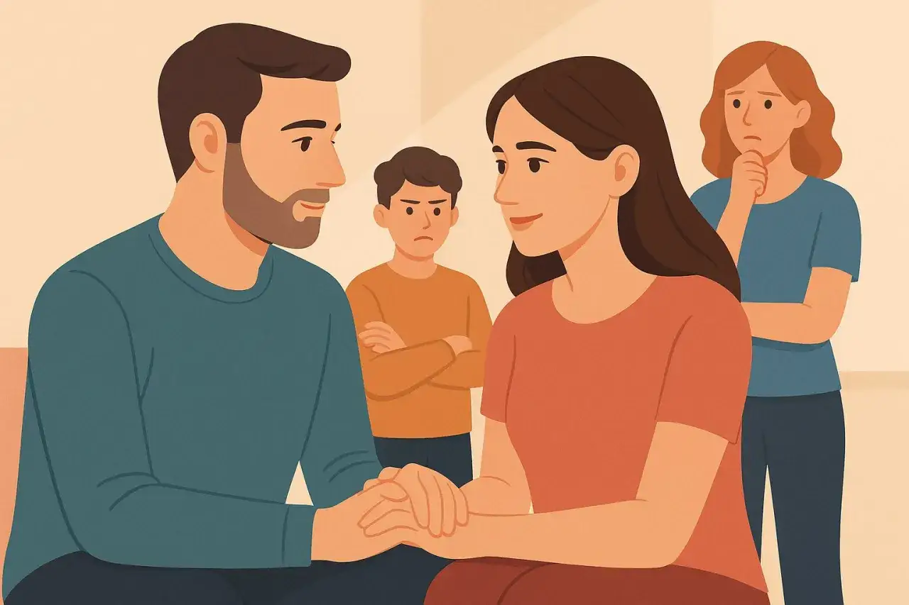 Para rodzic&oacute;w trzyma się za ręce, podczas gdy ich dziecko patrzy z wyrzutem. Z tyłu stoi smutna kobieta. Partnerowi przeszkadza moje dziecko.