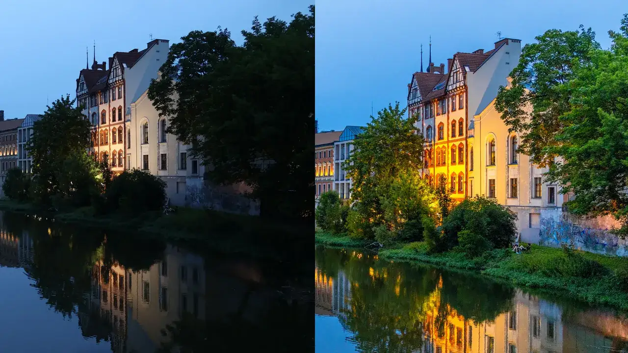 Por&oacute;wnanie **raw vs jpg**: ciemny, surowy kadr z lewej kontrastuje z jasnym, nasyconym obrazem po prawej, ukazującym budynki nad rzeką w wieczornym świetle.