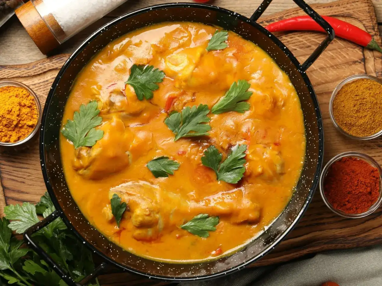 Aksamitny butter chicken przepis w głębokiej patelni, ozdobiony natką pietruszki. Obok miseczki z przyprawami i papryczką chili.