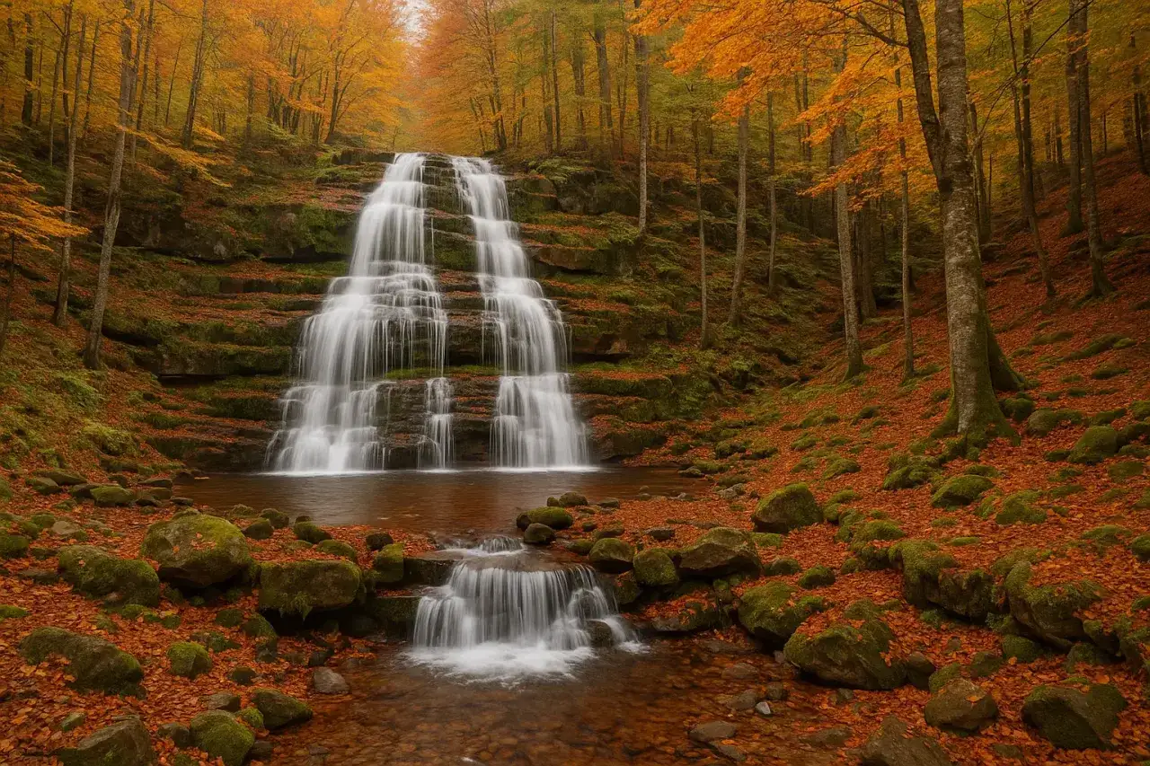 Jesienny wodospad w g&oacute;rach Bałkan&oacute;w, otoczony złotymi liśćmi i mchem.