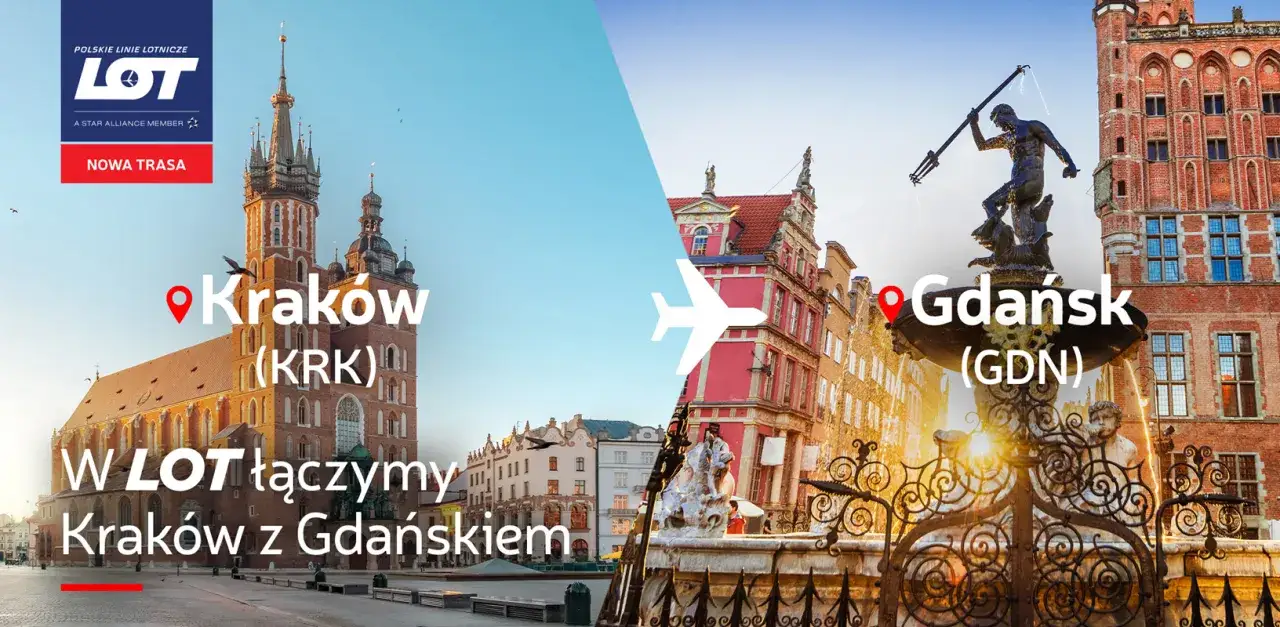 LOT łączy Kraków z Gdańskiem. Widok na Kościół Mariacki w Krakowie i Fontannę Neptuna w Gdańsku.