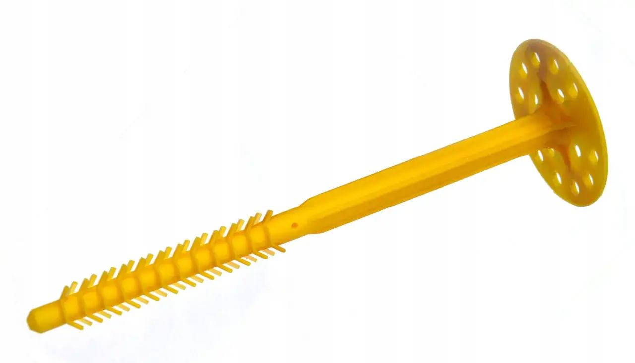 Ż&oacute;łty kołek do mocowania styropianu do desek, z szerokim talerzykiem i ząbkowanym trzpieniem.