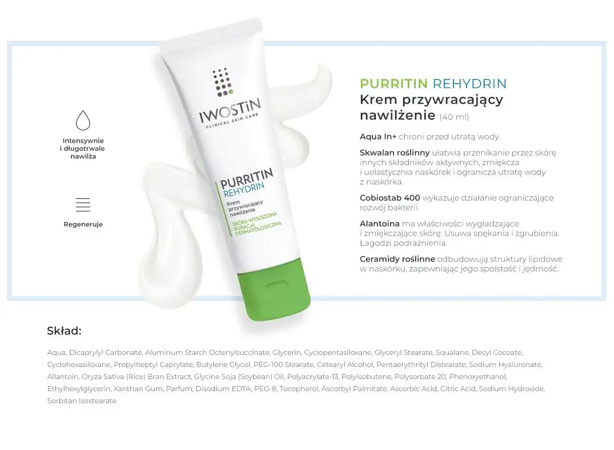 Iwostin Purritin Rehydrin krem na noc opakowanie i konsystencja