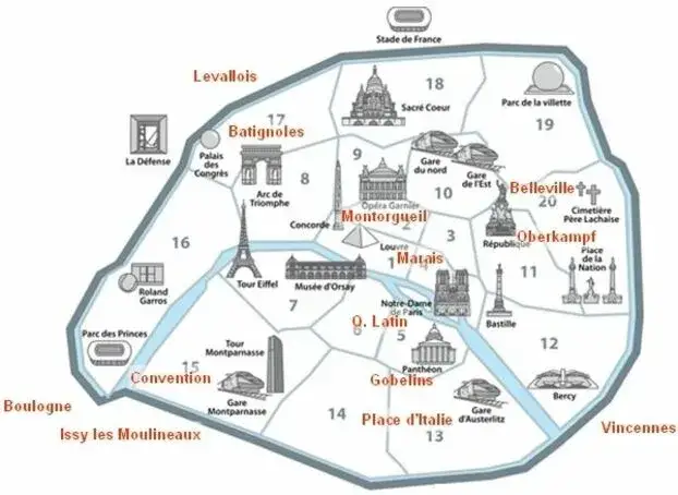 Mapa dzielnic Paryża z atrakcjami
