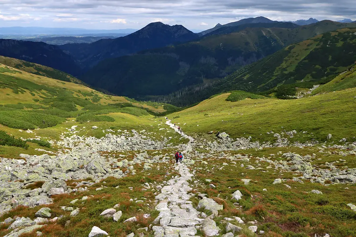 Kamienista ścieżka wije się przez zielone zbocza. W oddali widać góry. Wycieczka przez dolinę wyżnia chochołowska.