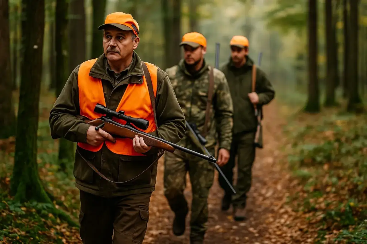 Trzech myśliwych w pomarańczowych kamizelkach i czapkach idzie przez las. Czy myśliwy ma obowiązek poinformować o polowaniu?