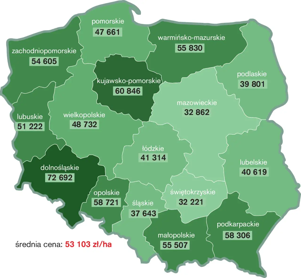 Mapa cen gruntów rolnych w Polsce według województw