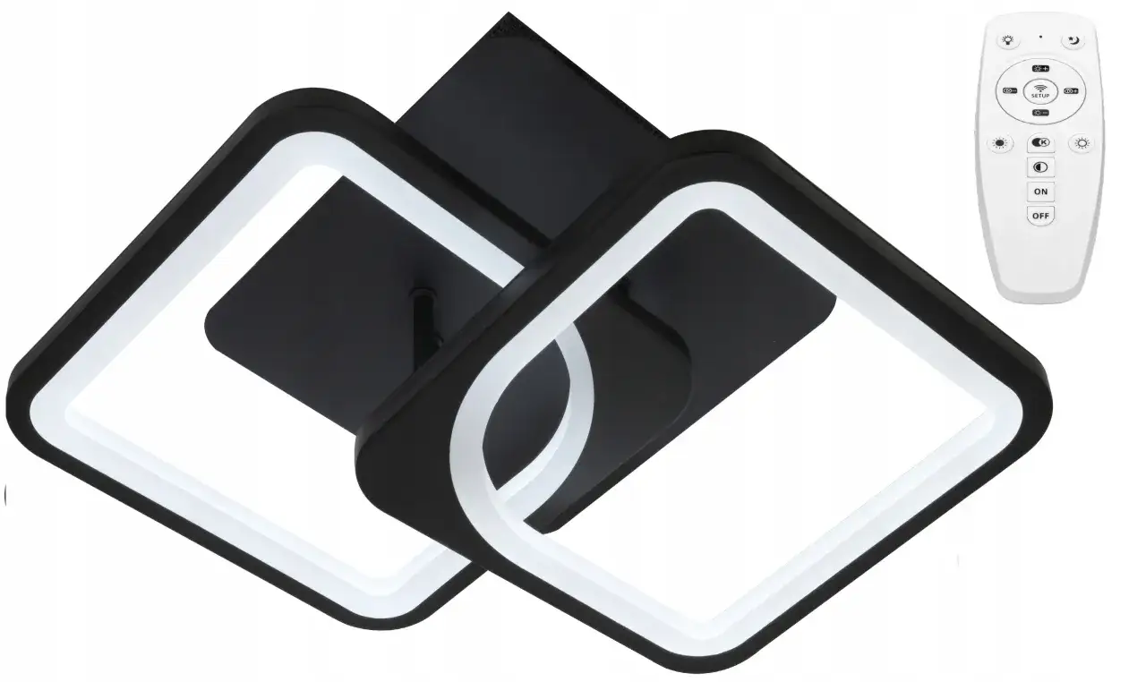 Nowoczesna lampa LED z kwadratami w kolorze czarnym, z białym, świecącym profilem. W zestawie pilot do sterowania.