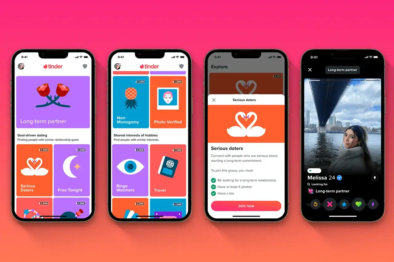 Aplikacja Tinder pokazuje r&oacute;żne typy osobowości i zainteresowania, np. 
