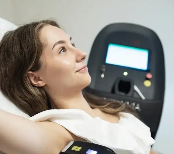 Depilacja laserowa kobieta uśmiecha się podczas zabiegu