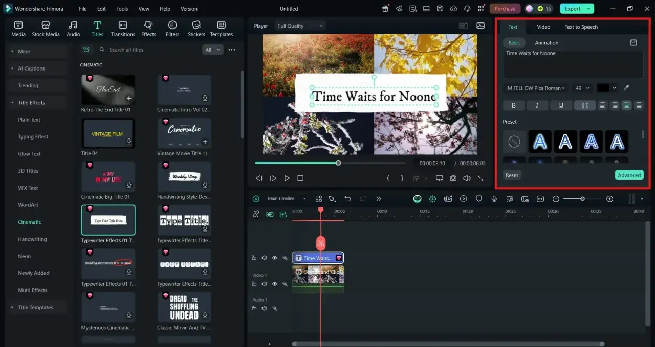 Program do łączenia filmów Wondershare Filmora z szablonem tekstu 