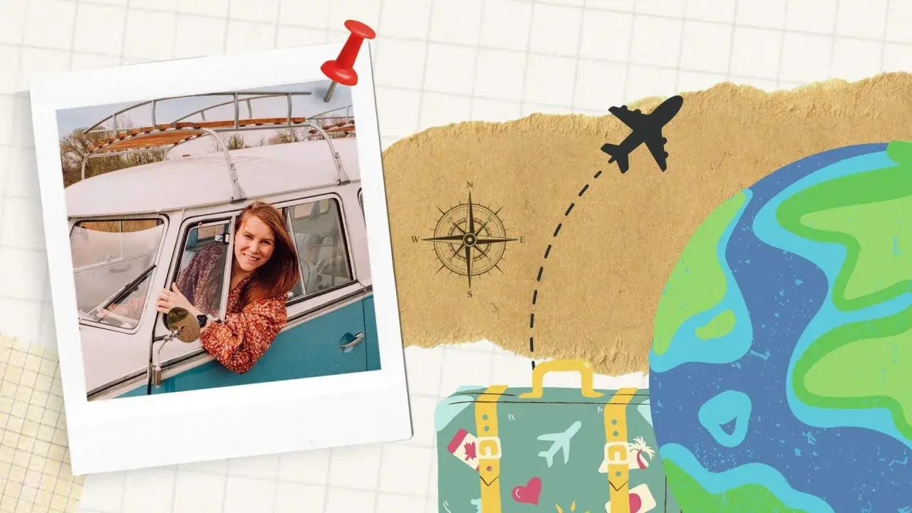 Kobieta w kamperze, kompas, samolot lecący dookoła świata i walizka. Inspiracja do tego, jak napisać bloga po ang.
