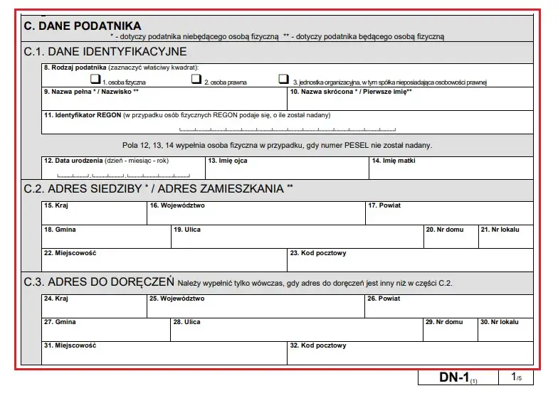 Formularz DN-1 wz&oacute;r wypełniony przykład