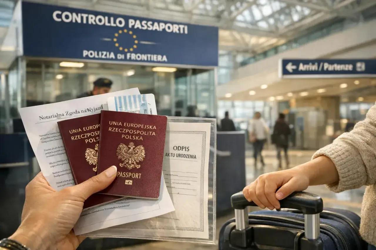 Ważny dowód przed wylotem do Włoch to paszport i zgoda na wyjazd. W tle kontrola paszportowa na lotnisku.