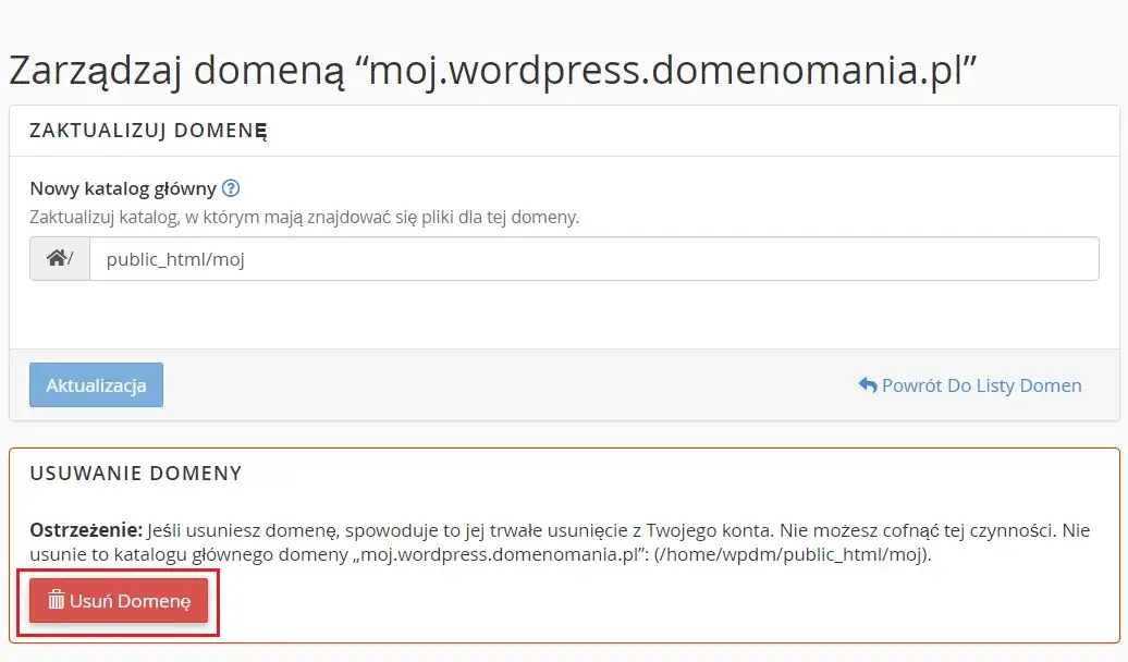 Panel cPanel usuwanie domeny