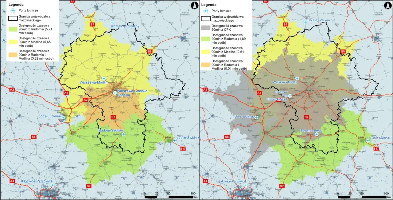 Mapa lotnisk Warszawa Modlin Radom Chopin