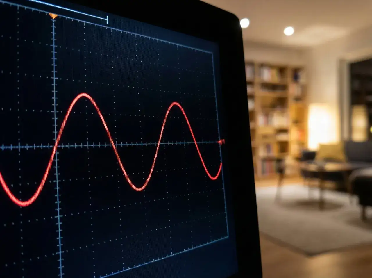 Wyświetlacz oscyloskopu pokazuje czerwoną falę sinusoidalną, idealną dla agregatu inwertorowego, a nie AVR.