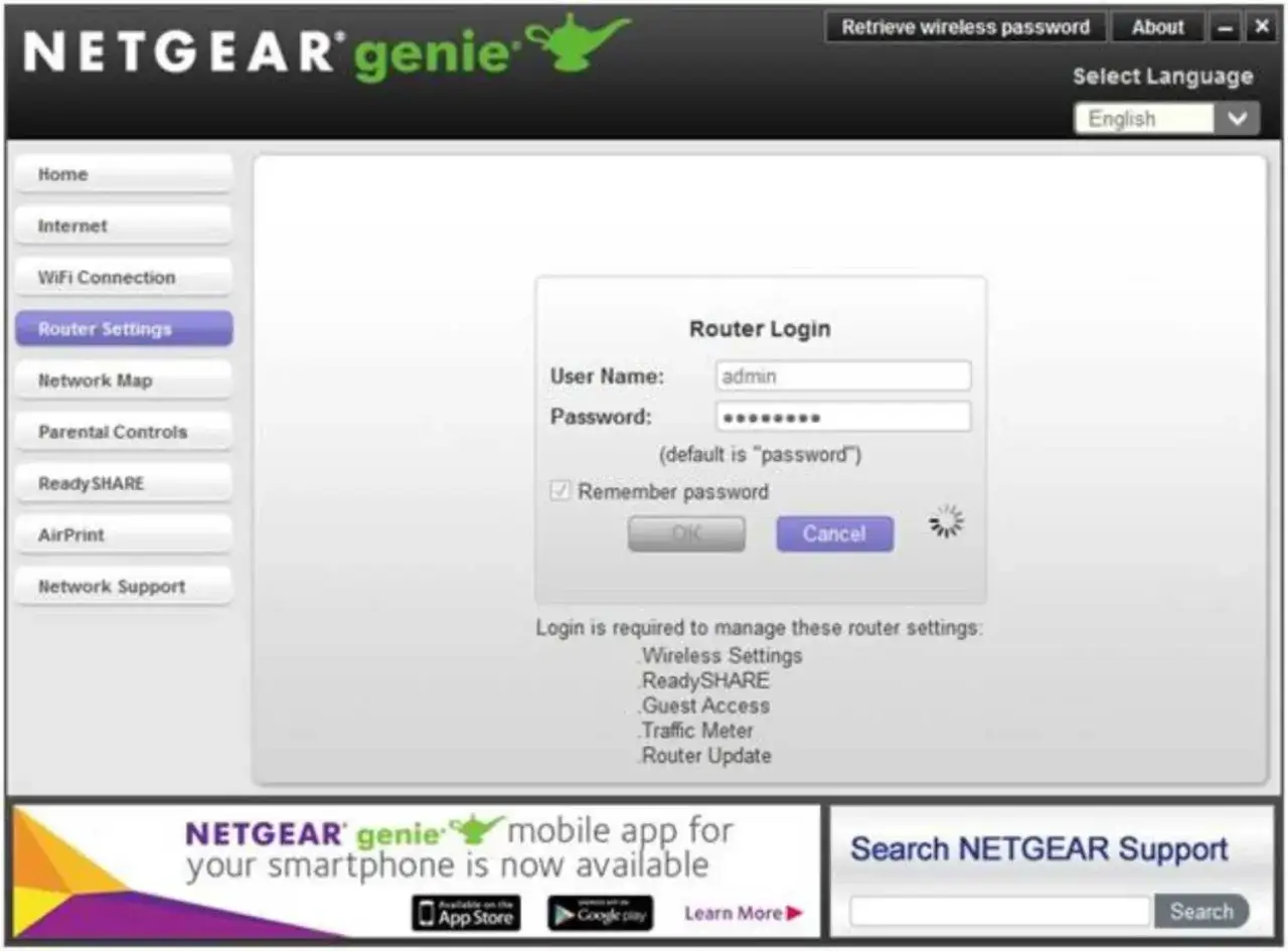 Ekran logowania routera Netgear Genie. Wpisz hasło do sieci wifi, aby zarządzać ustawieniami.