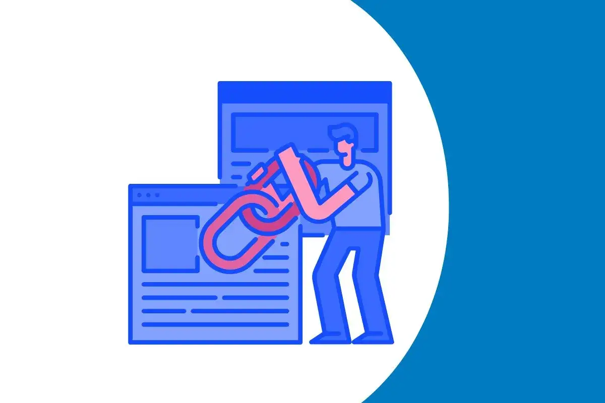 Tworzenie własnych, kr&oacute;tkich link&oacute;w z wybraną nazwą. Stylizowana grafika przedstawia człowieka łączącego dwa elementy.