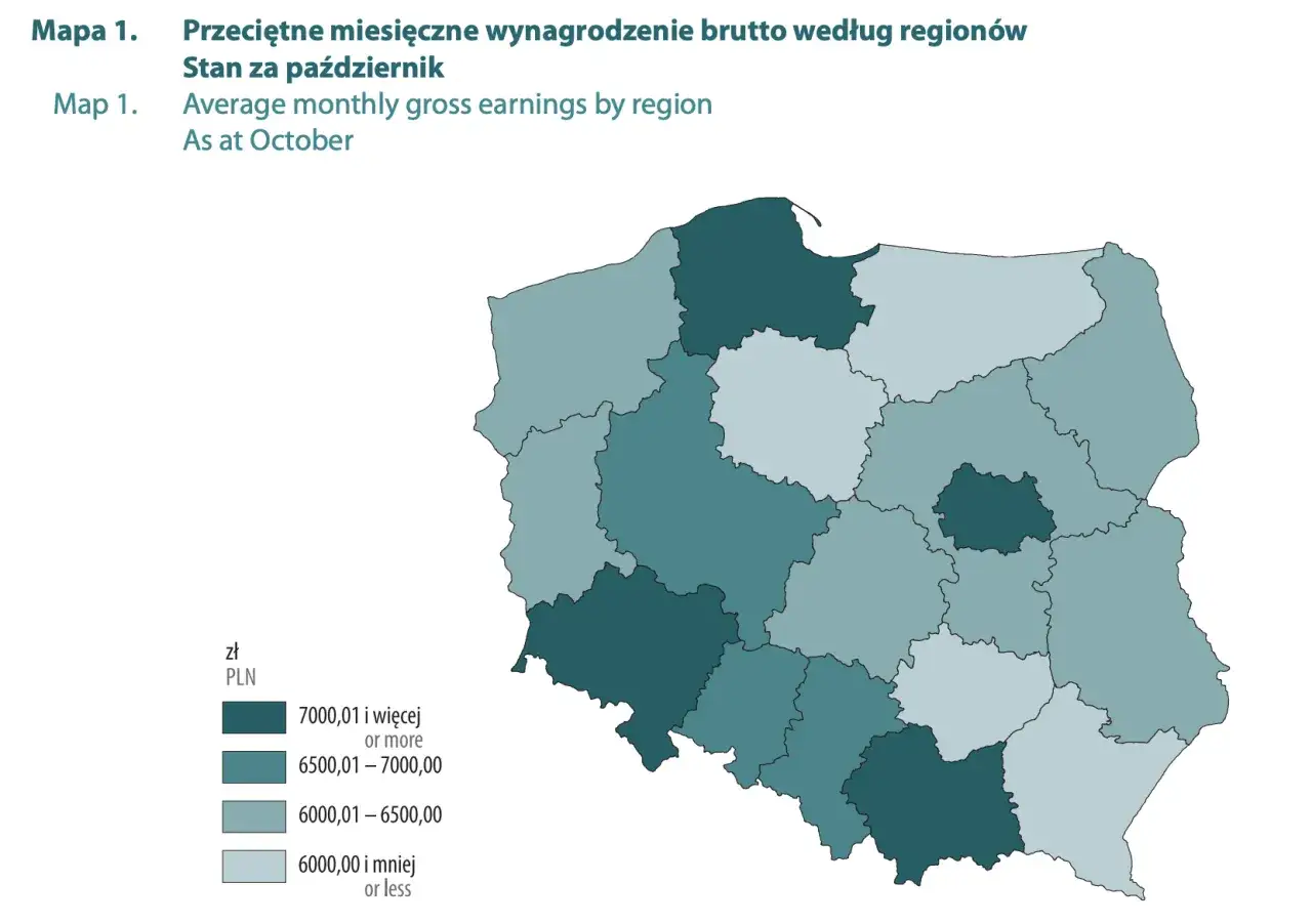 Mapa Polski z zaznaczonymi regionami i ich średnią pensją w Polsce. Najwyższe zarobki w październiku odnotowano w województwach oznaczonych najciemniejszym kolorem.