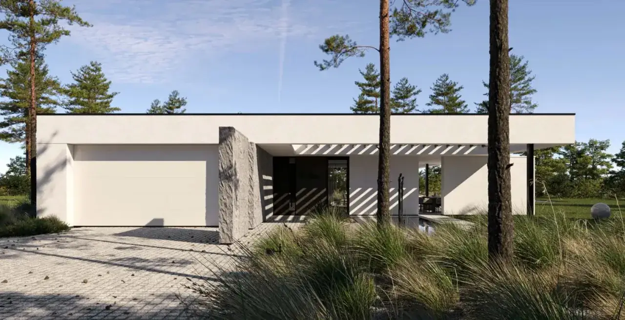 Nowoczesny dom z płaskim dachem, który może wpłynąć na to, ile kosztuje budowa dachu płaskiego w porównaniu do skośnego.