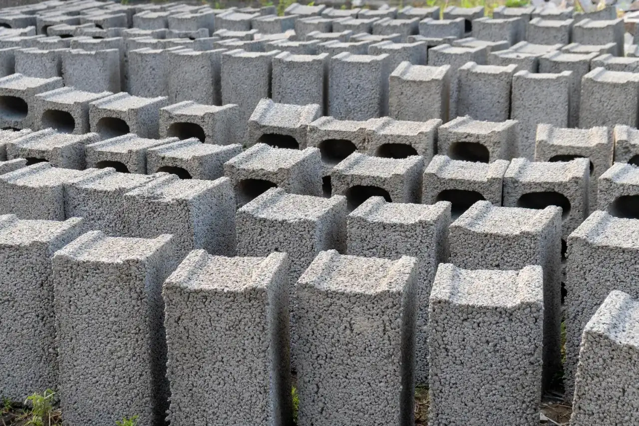 Rzędy betonowych bloczków, gotowych na fundamenty. Wybór między bloczkami z betonu a wylewanymi fundamentami jest kluczowy.