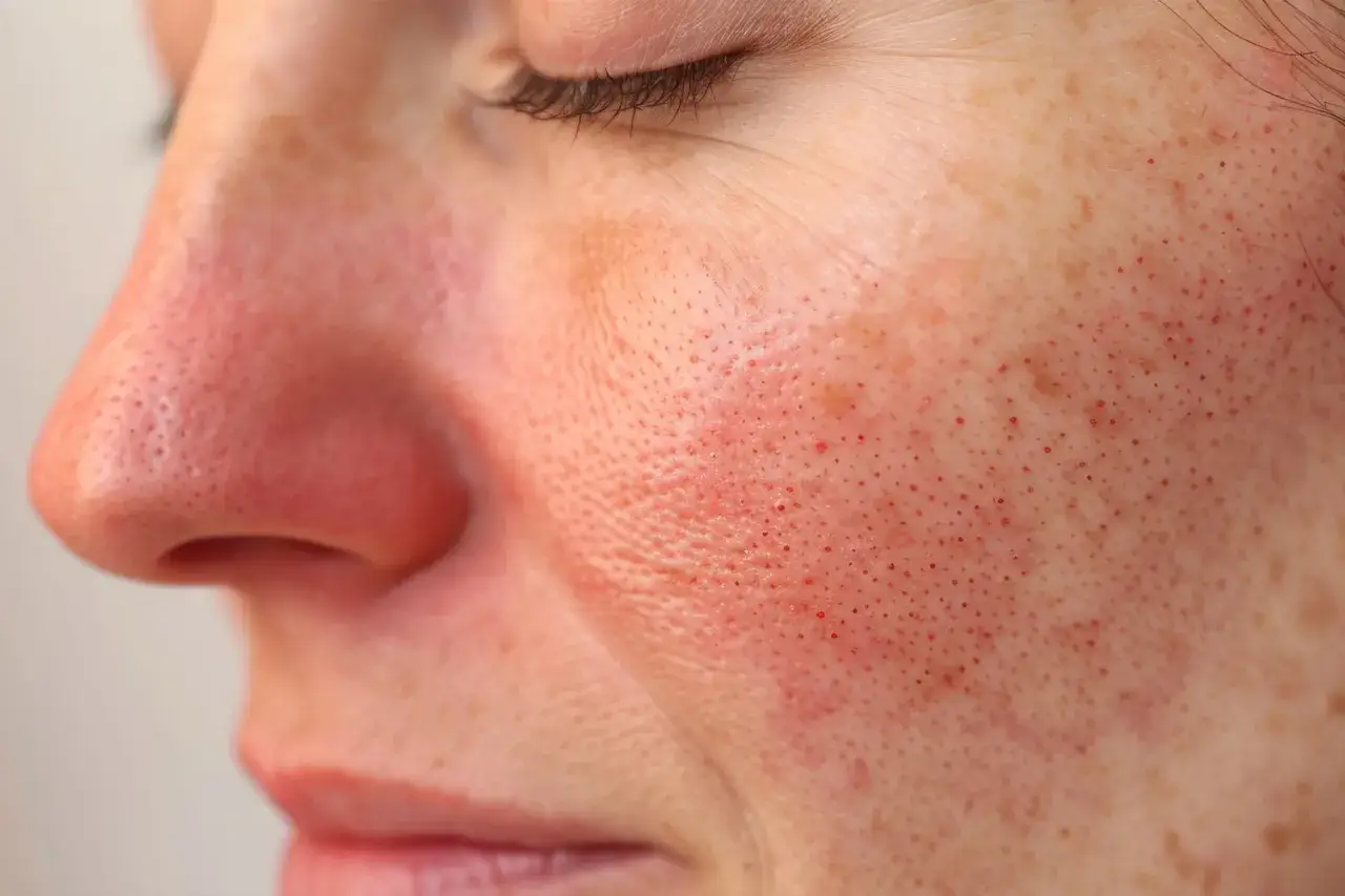 Widok z bliska na podrażnioną skórę twarzy z widocznymi porami i zaczerwienieniem.