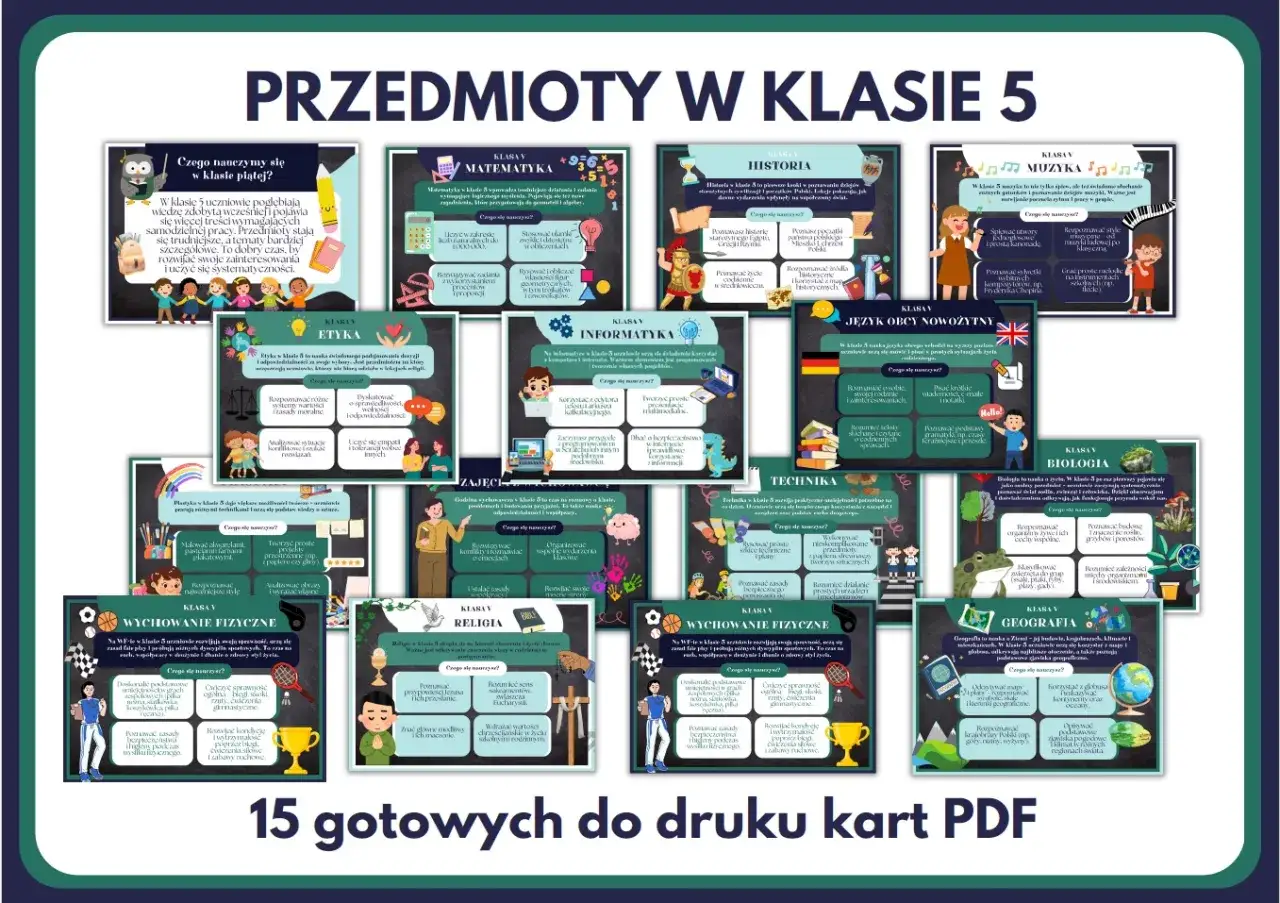 Przedmioty w klasie 5: matematyka, historia, muzyka, etyka, informatyka, język obcy, biologia, geografia, wychowanie fizyczne, religia, technika.