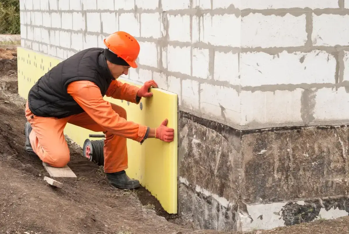 Budowlaniec w pomarańczowym stroju montuje ż&oacute;łty styrodur do ściany fundamentowej. Pokazuje, czym kleić styrodur.