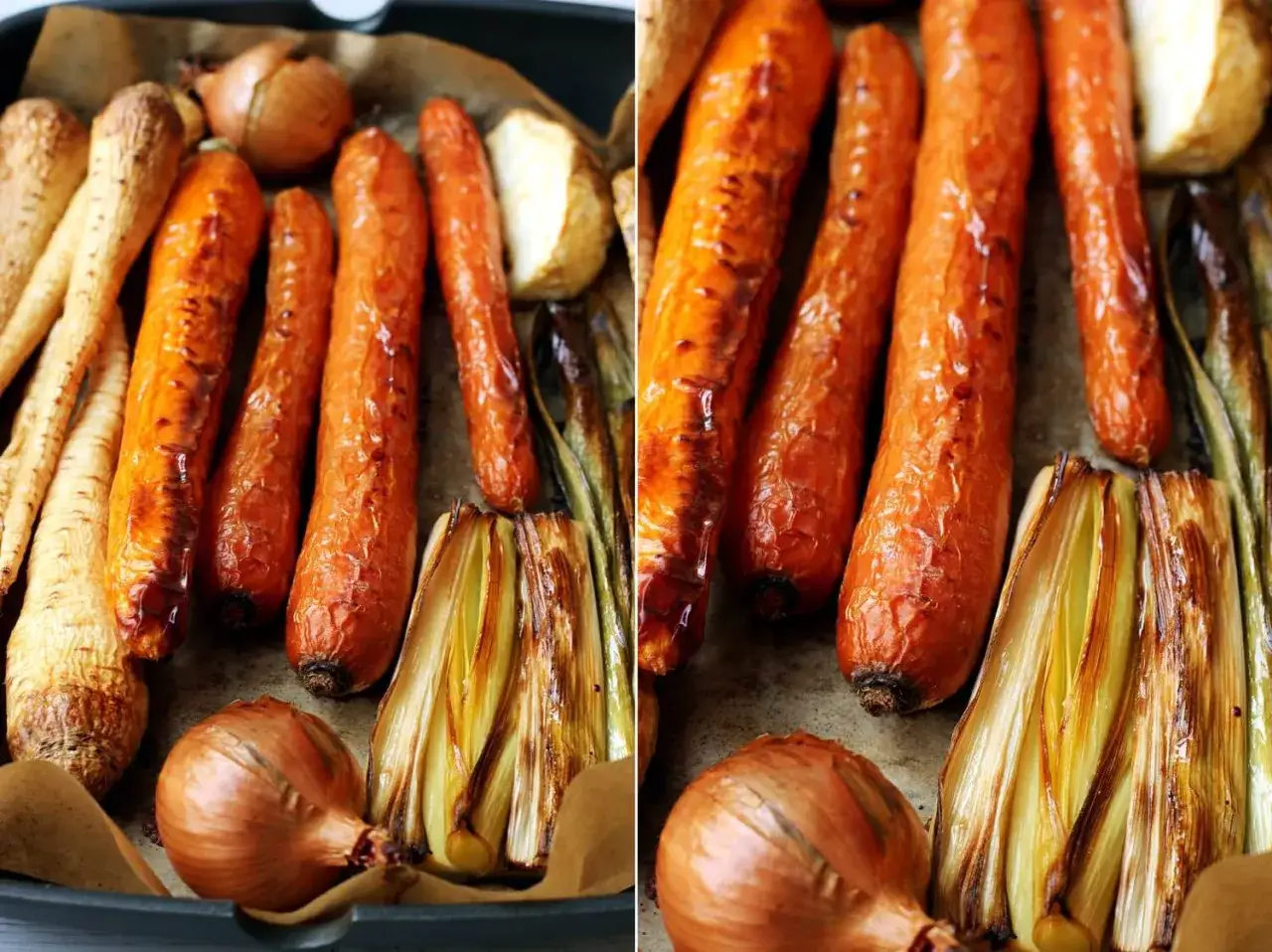 Pieczone warzywa: marchew, pasternak, cebula i por. Idealne składniki, by dowiedzieć się, jak zrobić ros&oacute;ł wegetariański.