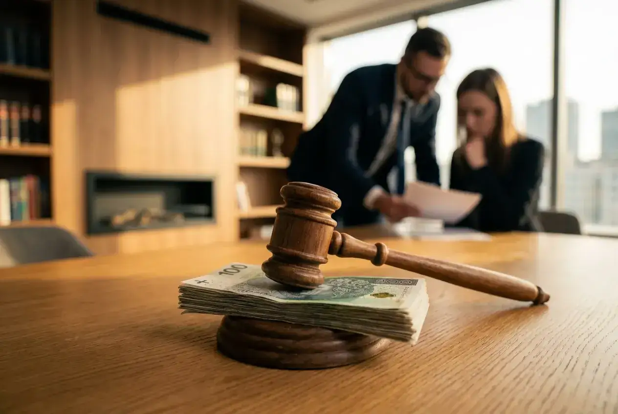 Młotek sędziowski na pieniądzach. Czy po osiągnięciu wieku emerytalnego można zwolnić pracownika? Prawnicy analizują dokumenty.