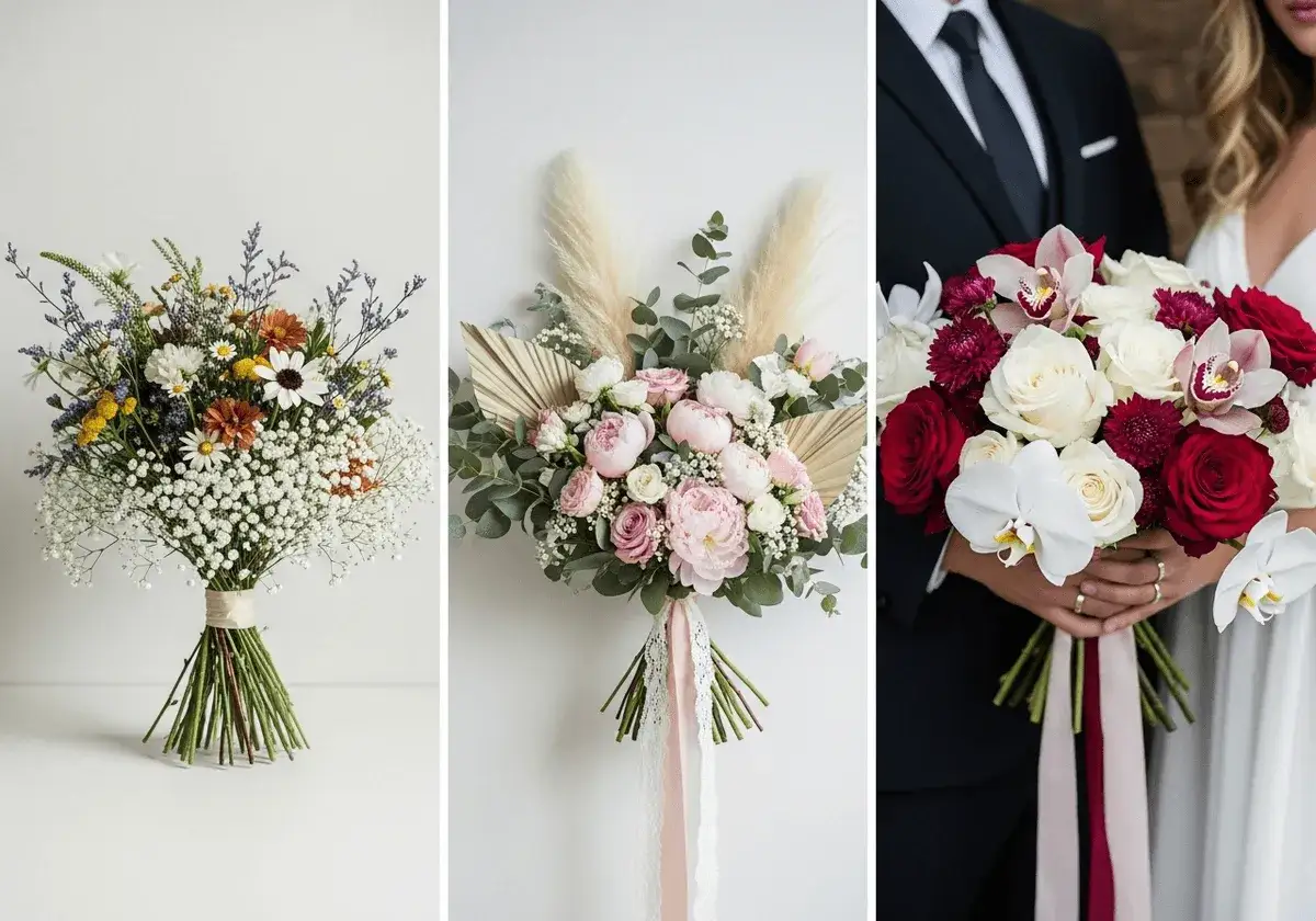 Trzy bukiety ślubne: polny, rustykalny z piórami i klasyczny z różami i orchideami. Idealne kwiaty do bukietu ślubnego.