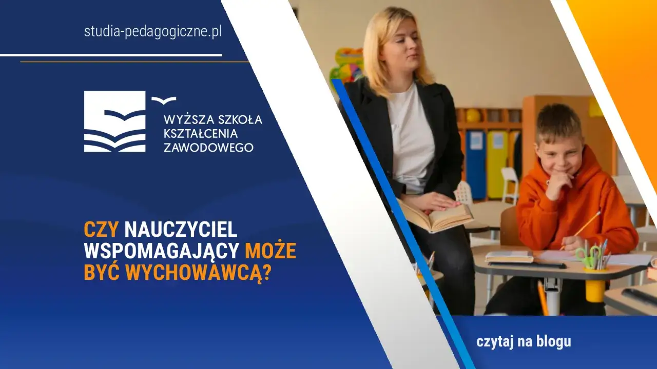 Nauczyciel wspomagający z książką przygląda się dziecku przy biurku. Temat: studia podyplomowe nauczyciel wspomagający.